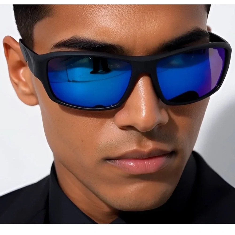Mens Black Sport Wrap Sunglasses Blue Mirrored Lenses Vibrant Sleek Lentes Gafas